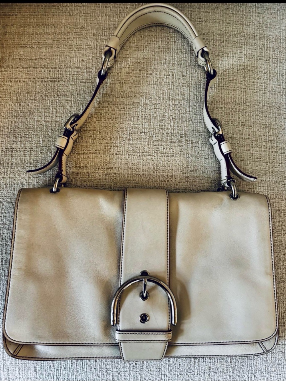 Coach Cream Leather Shoulder Bag with Silver Buckle